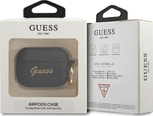 Mbulesë silikoni Guess GUAPSSSK për AirPods Pro, koleksioni Silicone Vintage Script, e zezë