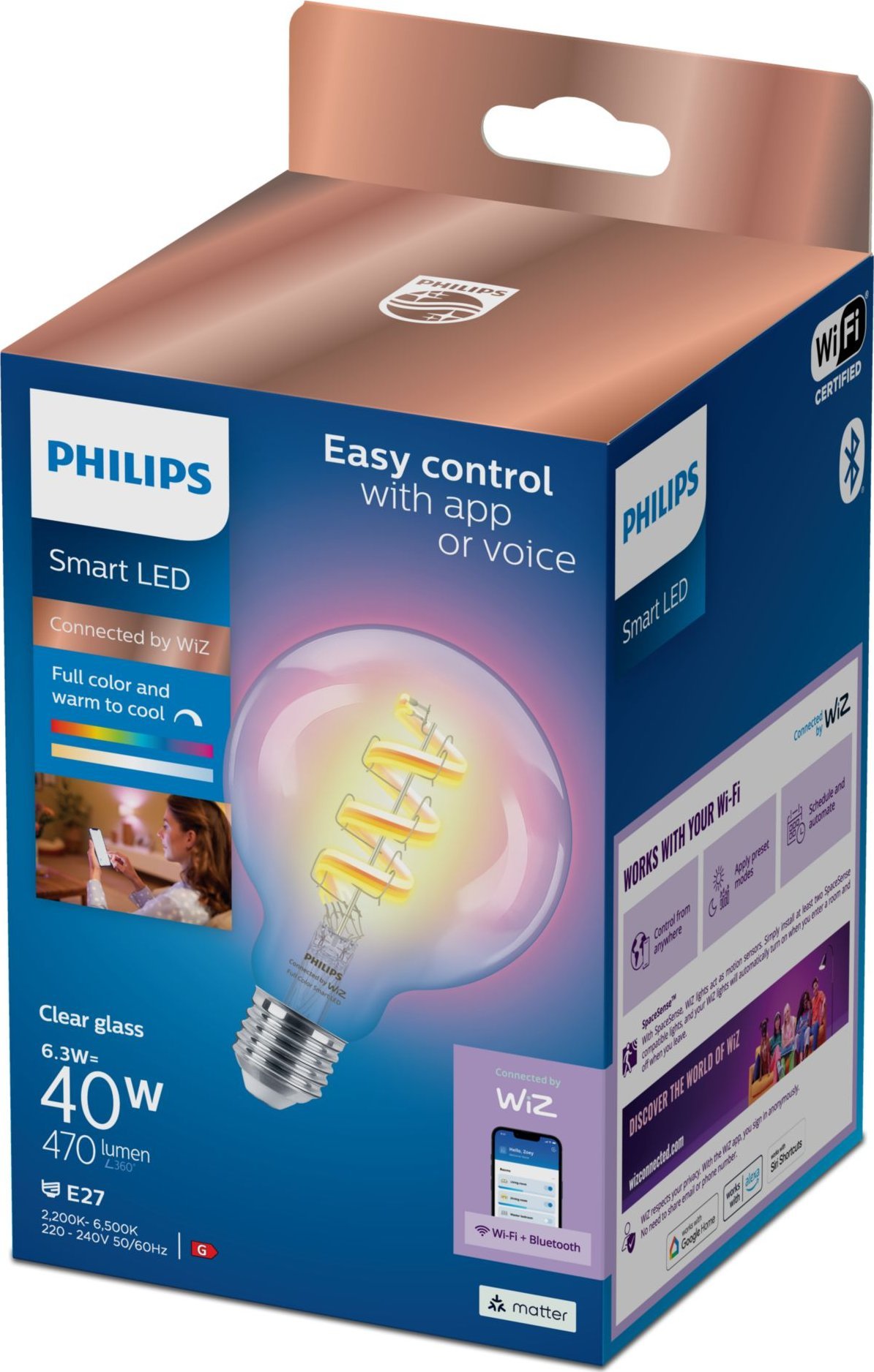 Llambë inteligjente Philips WiZ Filament Clear G95, E27, 6.3W RGB, shumëngjyrëshe