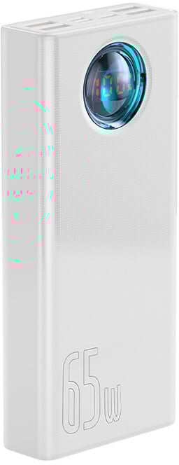 Powerbank me ekran dixhital Baseus Ambilight Overseas Edition, 30000mAh, QC, i zi + kabllo USB-C 65W, 1m, i bardhë