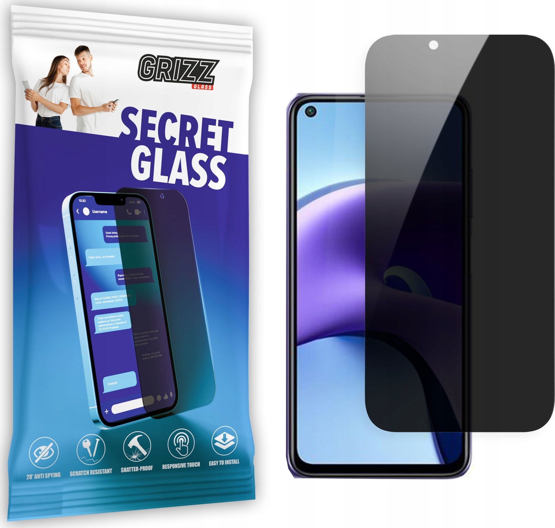Qelq privatësie Grizz SecretGlass për Xiaomi Redmi Note 9T 5G, xham i temperuar, mbrojtje ekrani