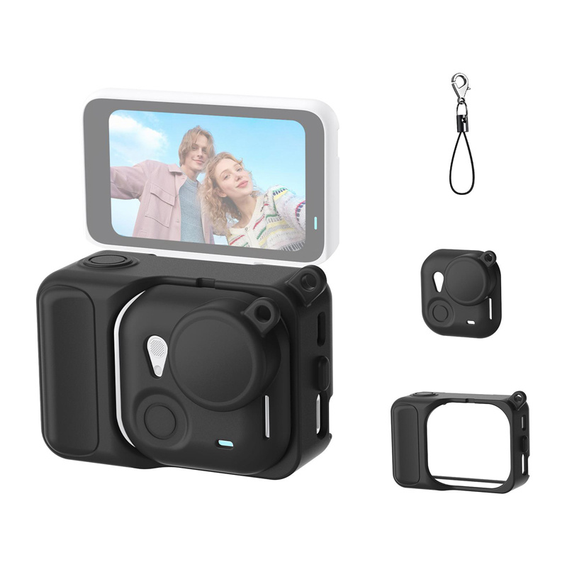 Kuti mbrojtëse silikoni Puluz për Insta360 Go Ultra, rezistente ndaj goditjeve, me rrip dore, e zezë