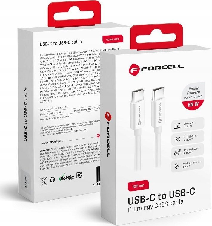 Kabllo karikimi Forcell F-energy C338, Type C në Type C, 60W 3A 1m, e bardhë