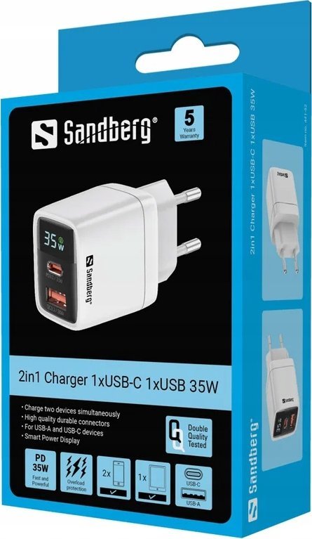 Полнач Sandberg 2in1, 35W, 1x USB C, 1x USB A