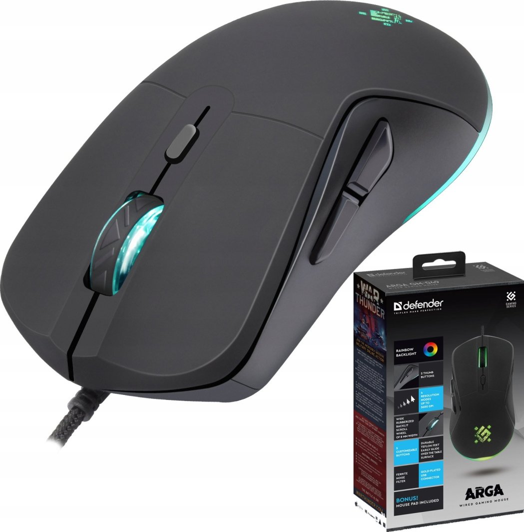 Maus за гејминг Defender GM-049 Arga, 3600 DPI, 6 копчиња, со LED светла