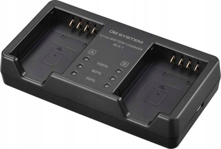 Karikues baterish OM SYSTEM BCX-1, për bateri BLX-1, për kamera OM-1, i zi