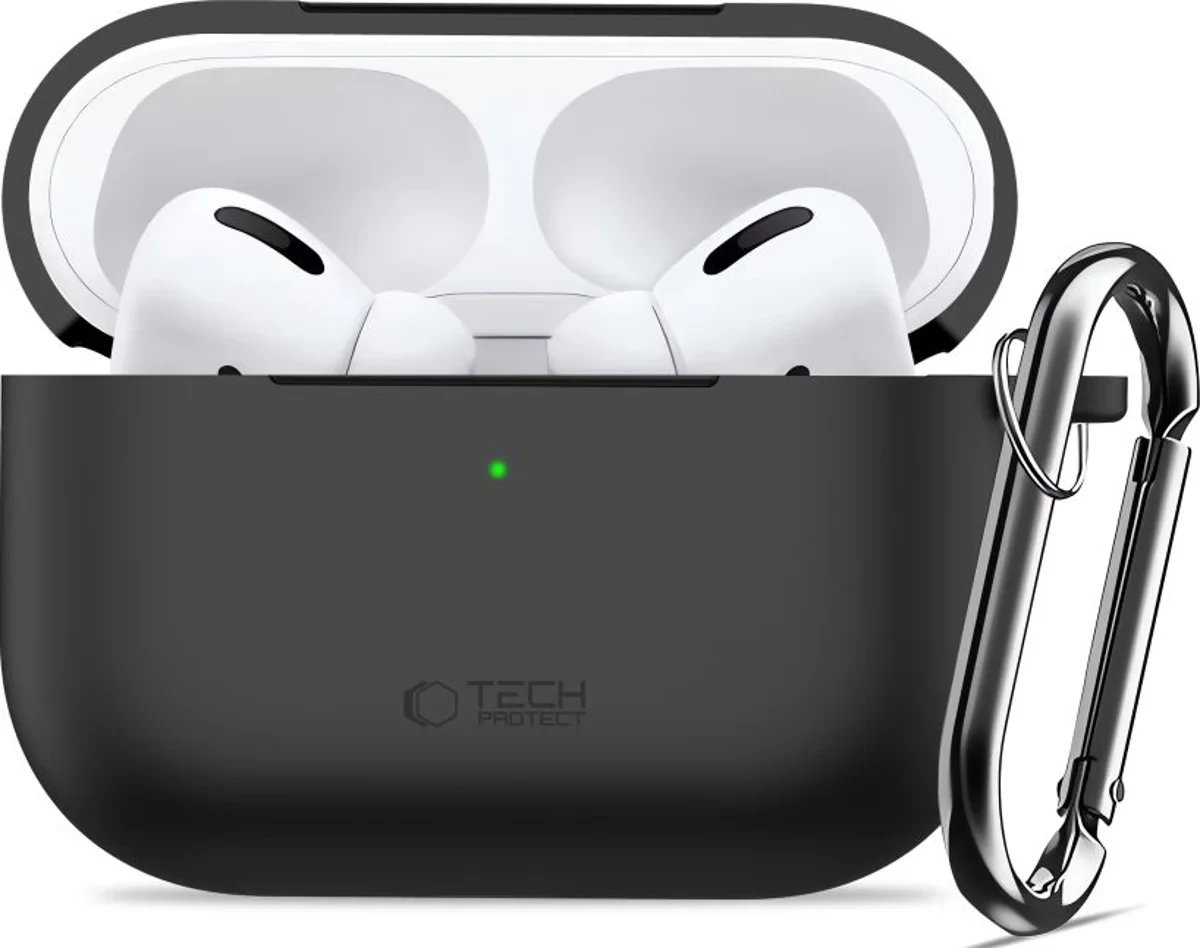 Mbulesë silikoni Tech-Protect për Apple AirPods Pro 3, me karabinë, e zezë