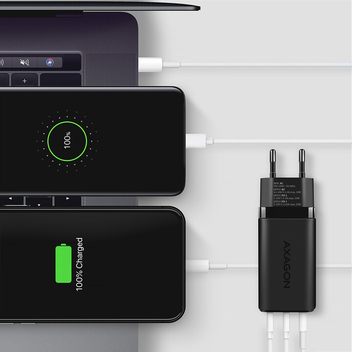 Karikues AXAGON GaN, USB-A, 2x USB-C, PD3.0/QC4+/PPS/Apple, 65W, i zi