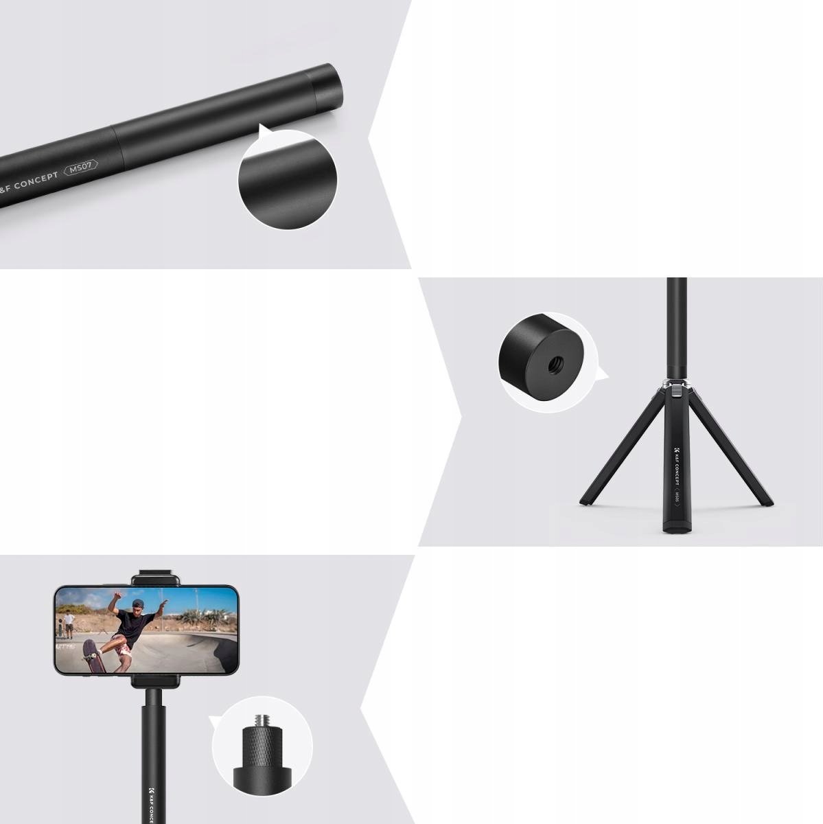 Monopod Kf Kf09.132, tripod selfie 153cm, për GoPro DJI Insta360, i zi
