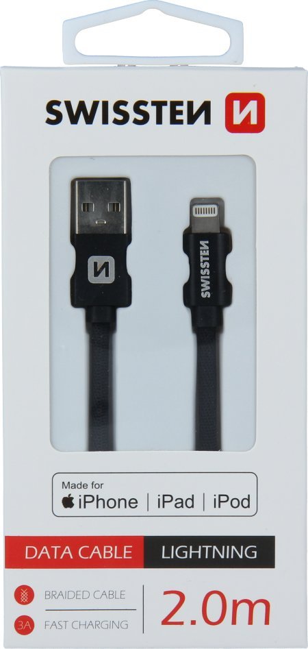 Kabllo Swissten Fabric USB Lightning MFi, 2m, 3A, gri