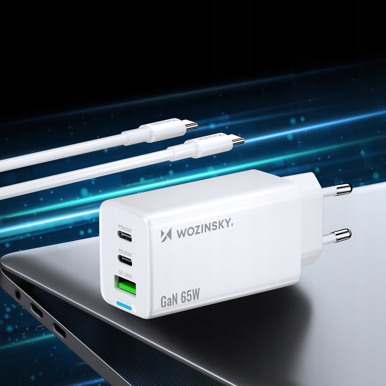 Karikues USB Wozinsky GaN 65W, 2x USB C, USB A, me kabllo 65W, i bardhë