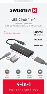 Hub USB C Swissten 4 in 1, HDMI 4K, karikim 100W, i zi