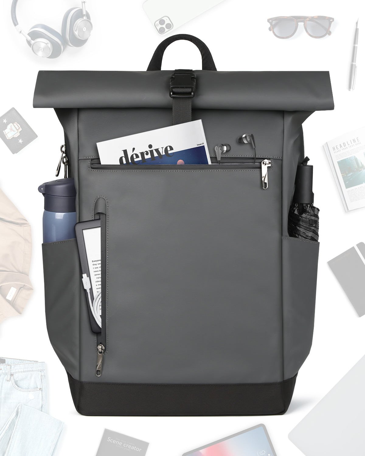 Çantë shpine Inateck RollTop, 25L-30L, për laptop 15"-17", gri