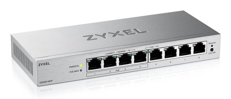 Switch i menaxhueshëm ZYXEL GS1200-8HPV3, 8 porta Gigabit, PoE, i zi