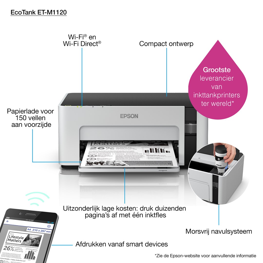 Printer Epson EcoTank ET-M1120, A4, 1440x720 DPI, i zi/i hirtë