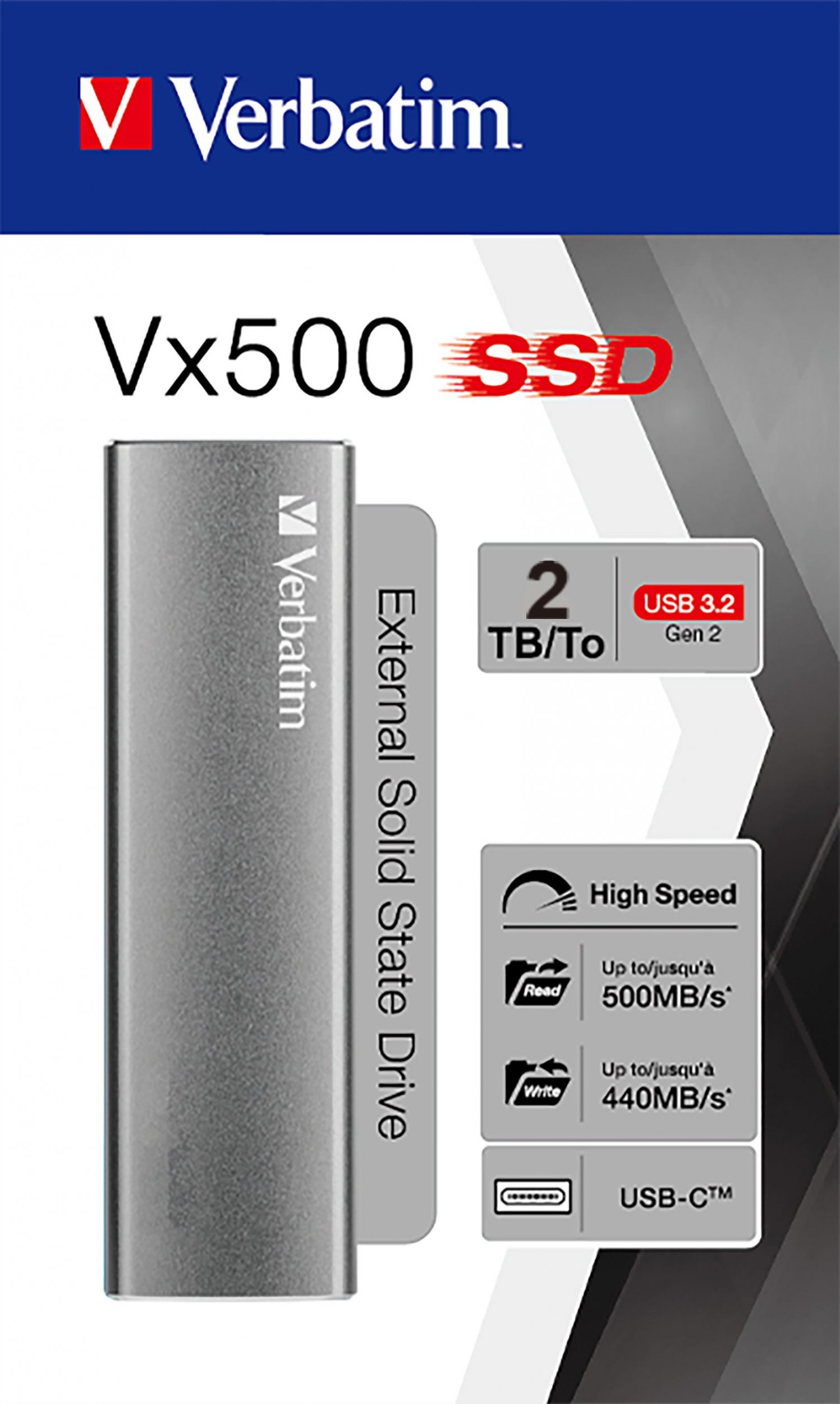 SSD i jashtëm Verbatim Vx500, 2TB, USB Type C 3.2 Gen 2, argjendtë