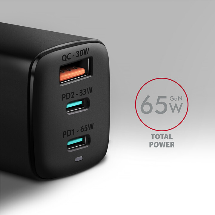 Karikues AXAGON GaN, USB-A, 2x USB-C, PD3.0/QC4+/PPS/Apple, 65W, i zi