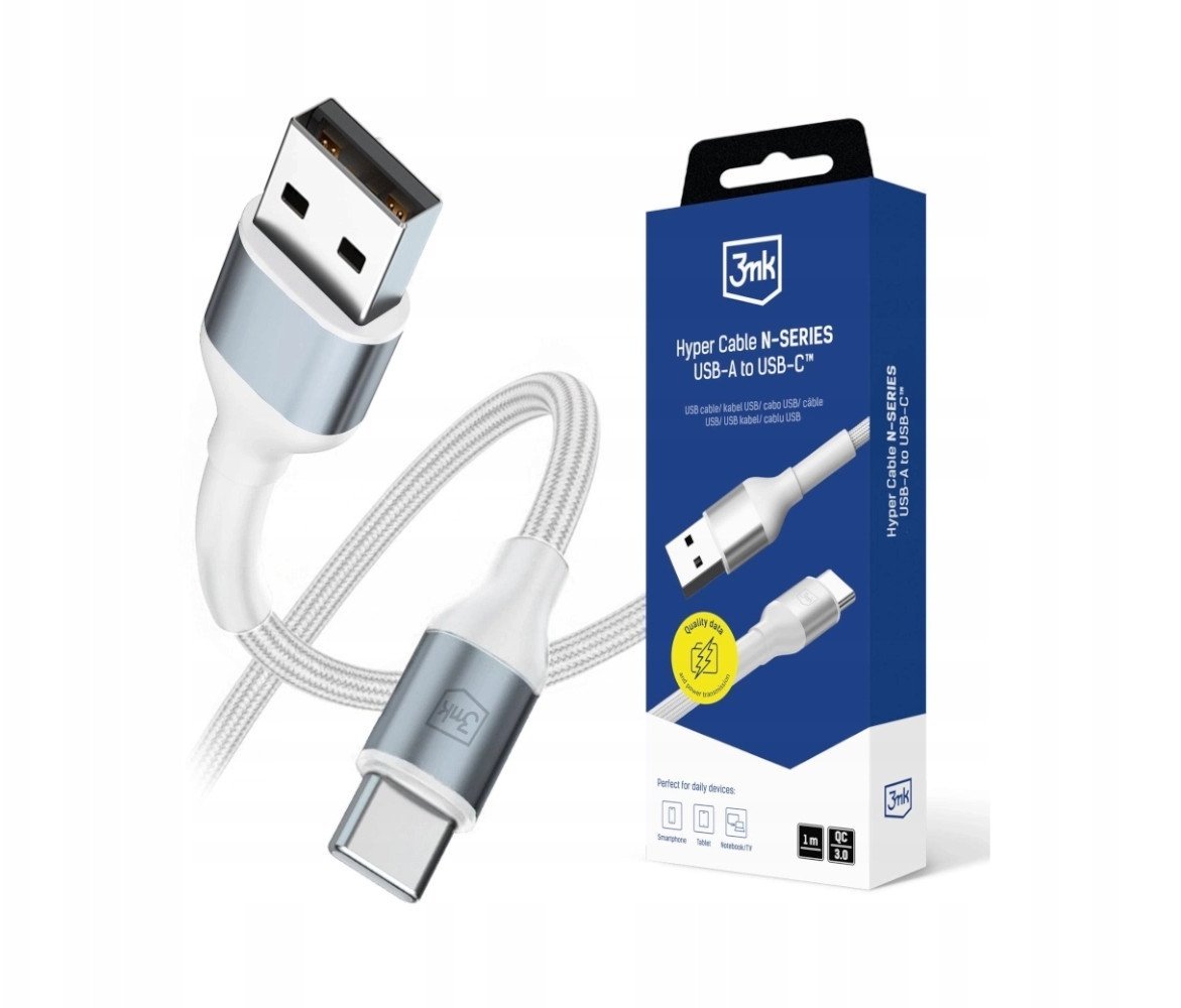 Kabllo USB 3MK Hyper Cable N-Series, USB A në USB C, 1m, 18W, e bardhë