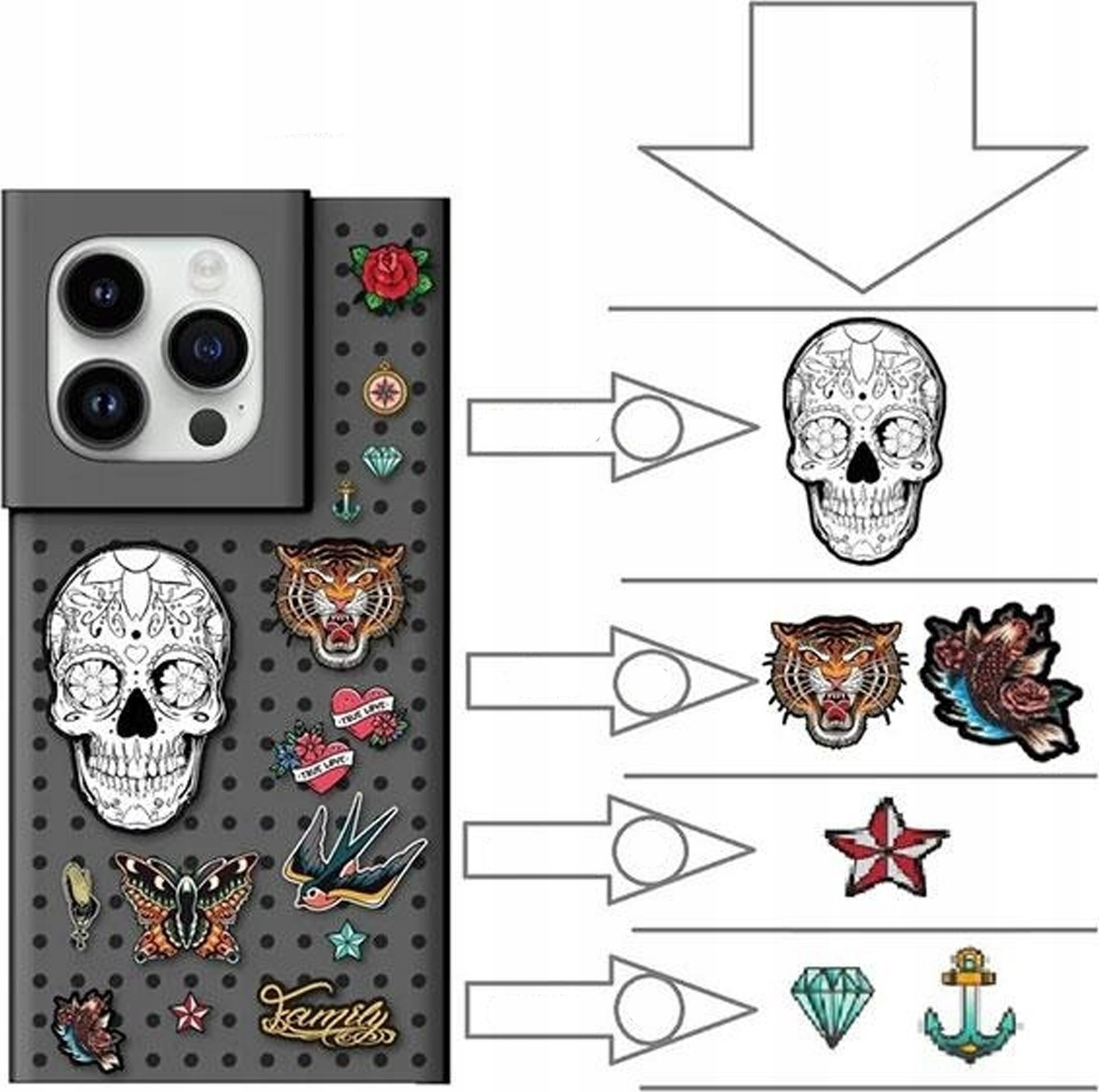 Set këllëf Pinifit Pinit Dynamic Case + Tattoo Pin, për iPhone 13 6.1" dhe iPhone 14 6.1", i zi me dizajn