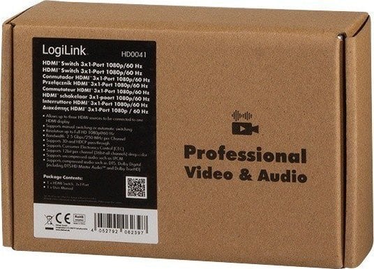 Ndarës HDMI LogiLink 3x1, Full HD 1080p 60Hz, Mini, i zi