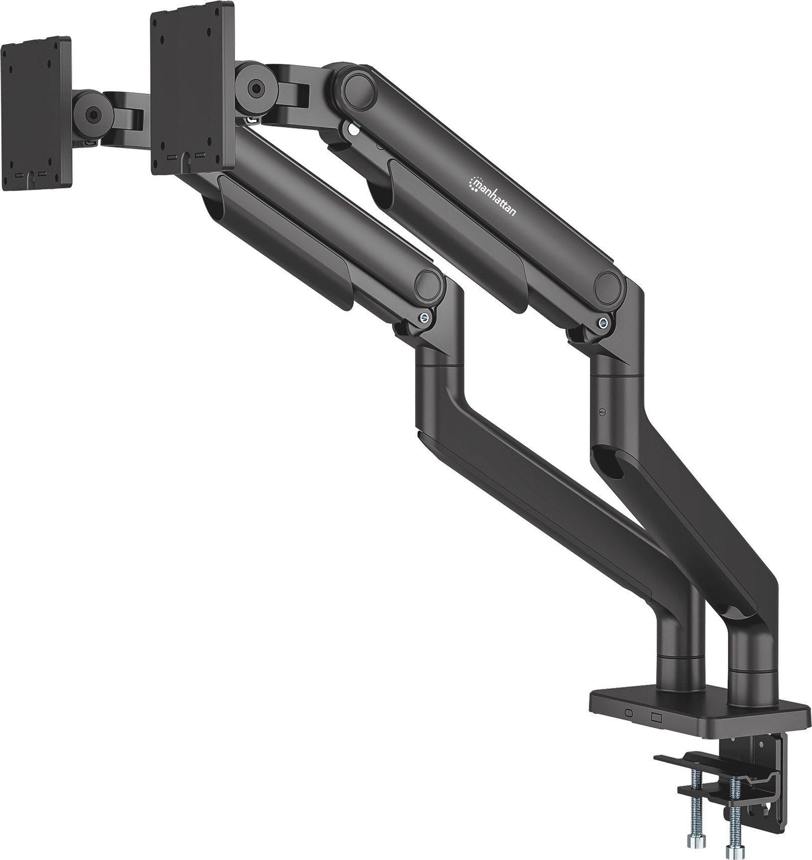 Mbajtëse tavoline dyfishe Manhattan, për monitor dhe TV 13" 45", montim me kapëse ose gromet, e zezë