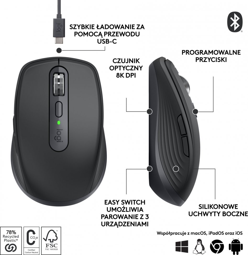 Maus Logitech MX, Bluetooth, USB, USB-C, i hirt