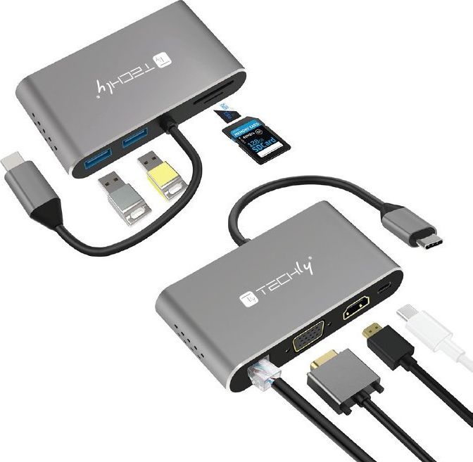 Docking station Techly IADAP USB31-DOCK3, USB-C 8 në 1, HDMI 4K, gri