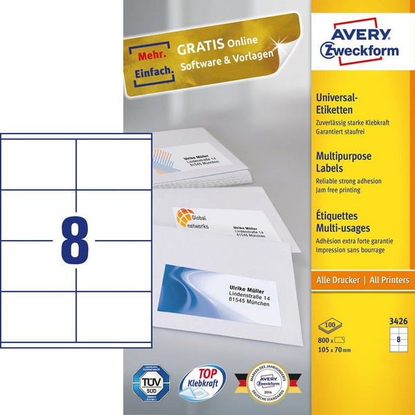 Etiketa ngjitëse Avery (3426 N), 105 x 70 mm, të bardha, 80 copë