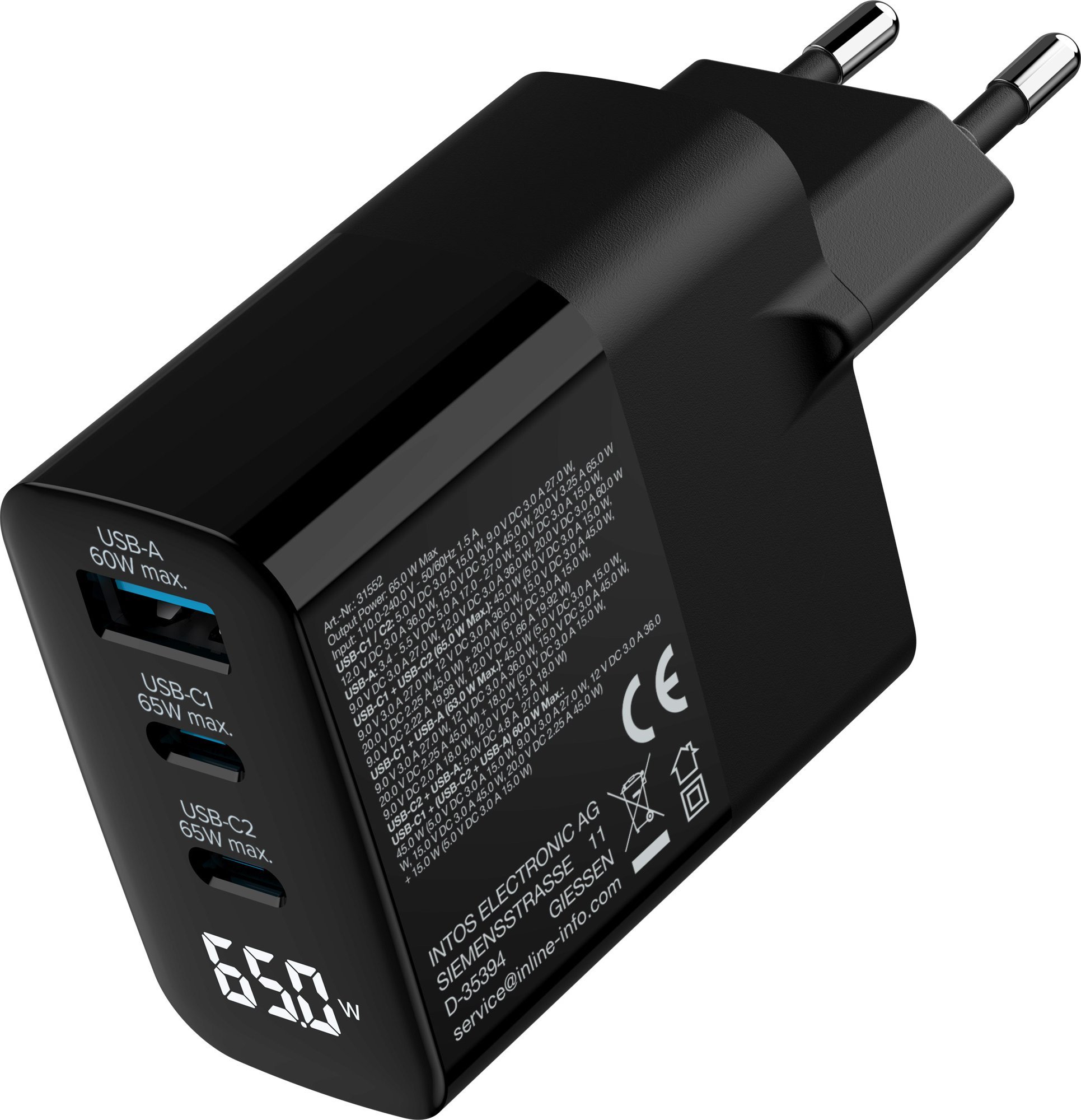 Karikues muri InLine GaN PD 65W, 3 porta USB C USB A, me ekran, i bardhë