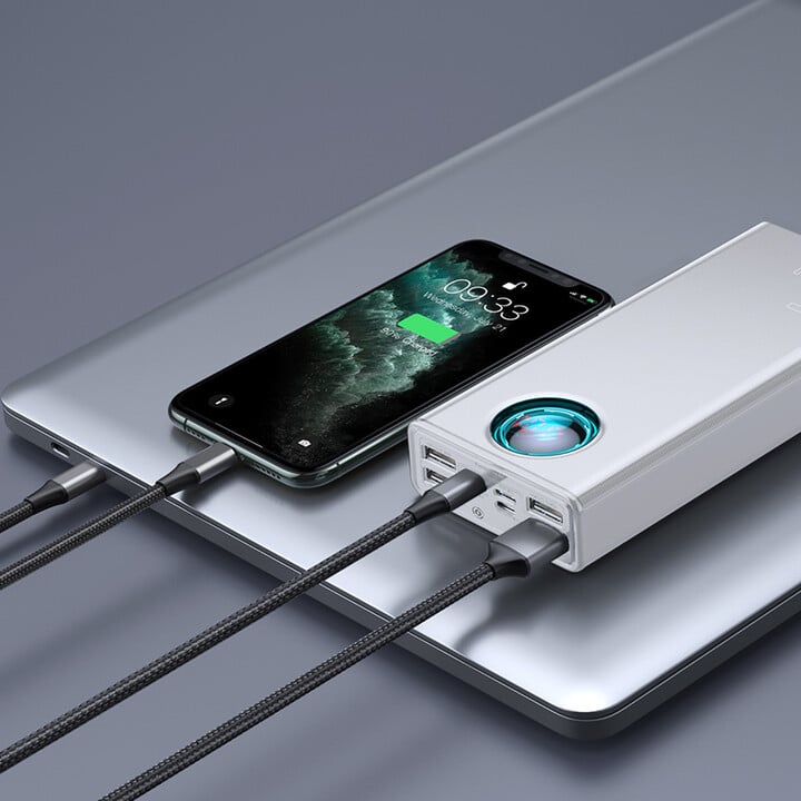 Power bank Baseus со дигитален дисплеј Ambilight Overseas Edition, 30000mAh, QC, црн + USB-C кабел 100W, 1m, бел