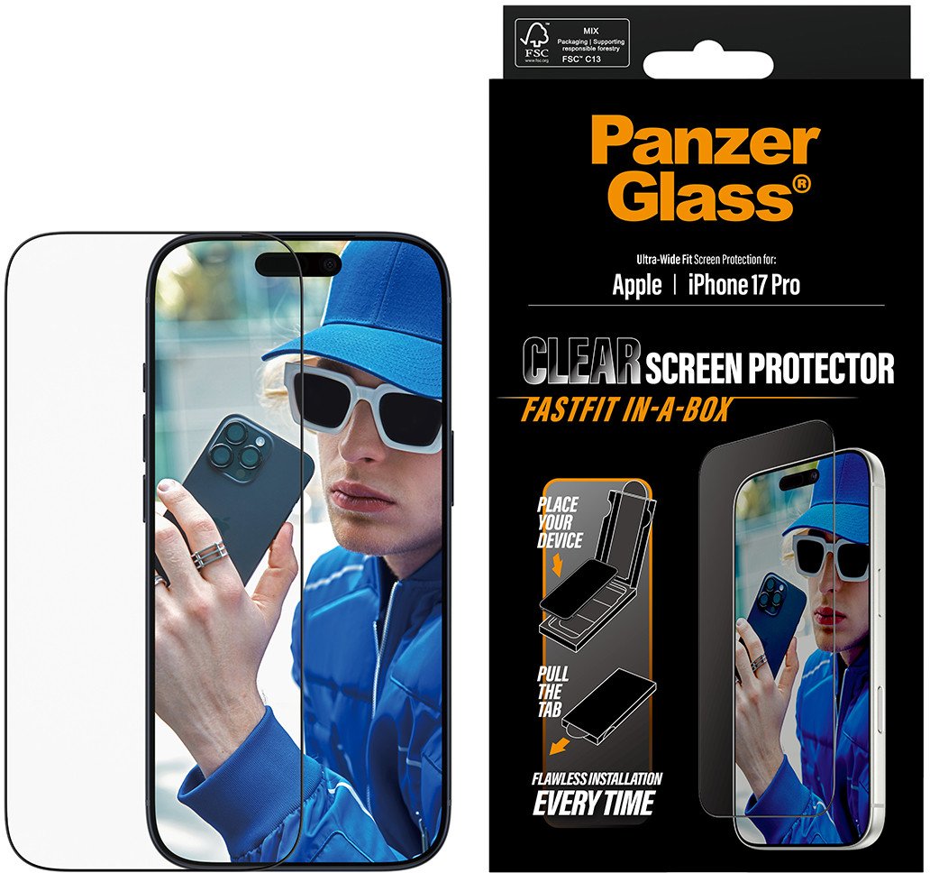 Mbrojtëse ekrani PanzerGlass për iPhone 17 Pro, Ultra-Wide Fit, FASTFIT in-a-BOX, transparente