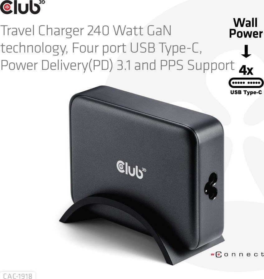 Karikues udhëtimi Club 3D GaN, 240W, 4 porta USB C PD 3.1 PPS, i bardhë