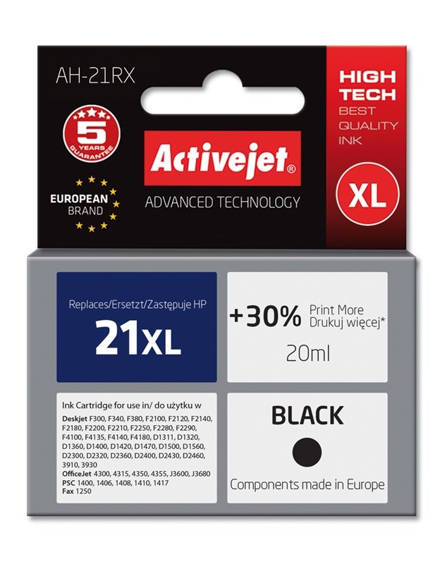 Ngjyrë për printer Activejet AH-21RX (zëvendësim për HP 21XL C9351A), 20 ml, e zezë
