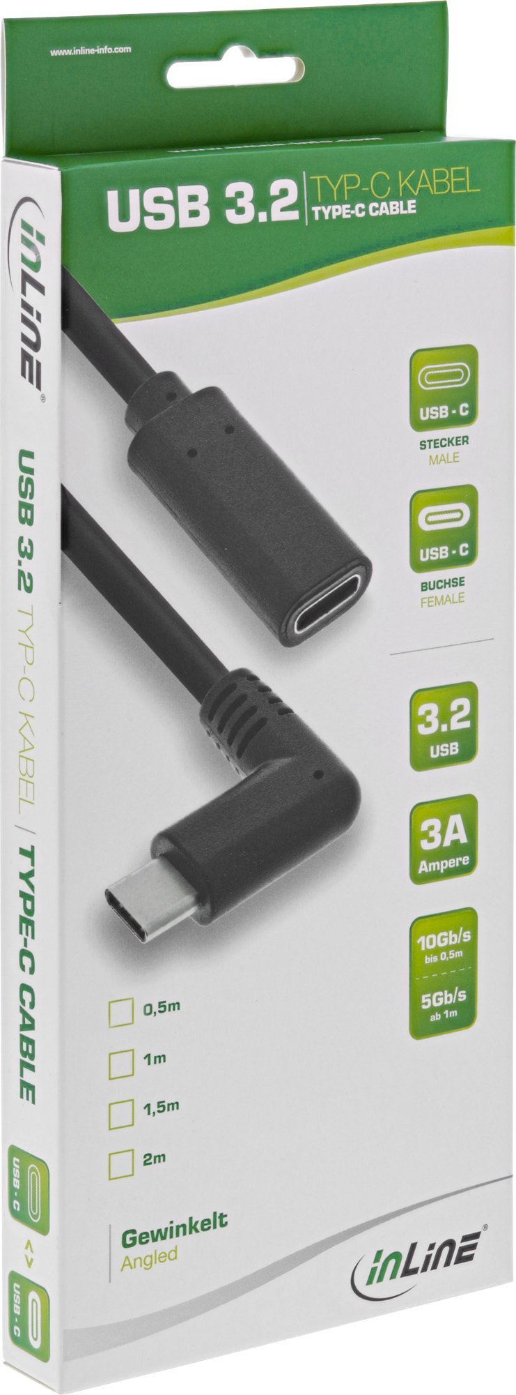 Kabllo zgjatëse USB InLine USB 3.2 Gen 2, Type C mashkull i kënduar në femër, 0.5m, e zezë