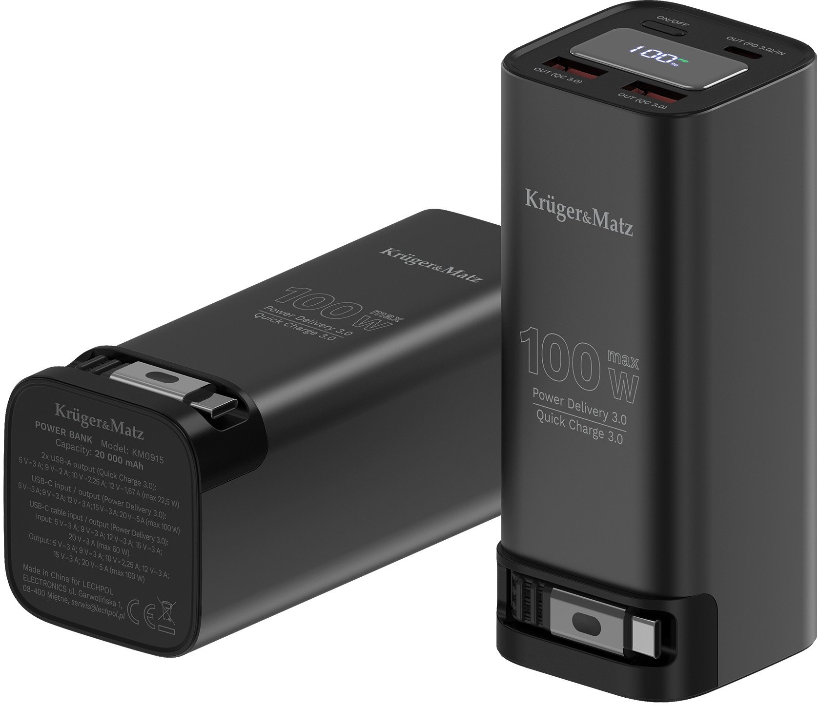 Надворешна батерија Kruger &amp; Matz KM0915, 20000mAh, Quick Charge 3.0, црна