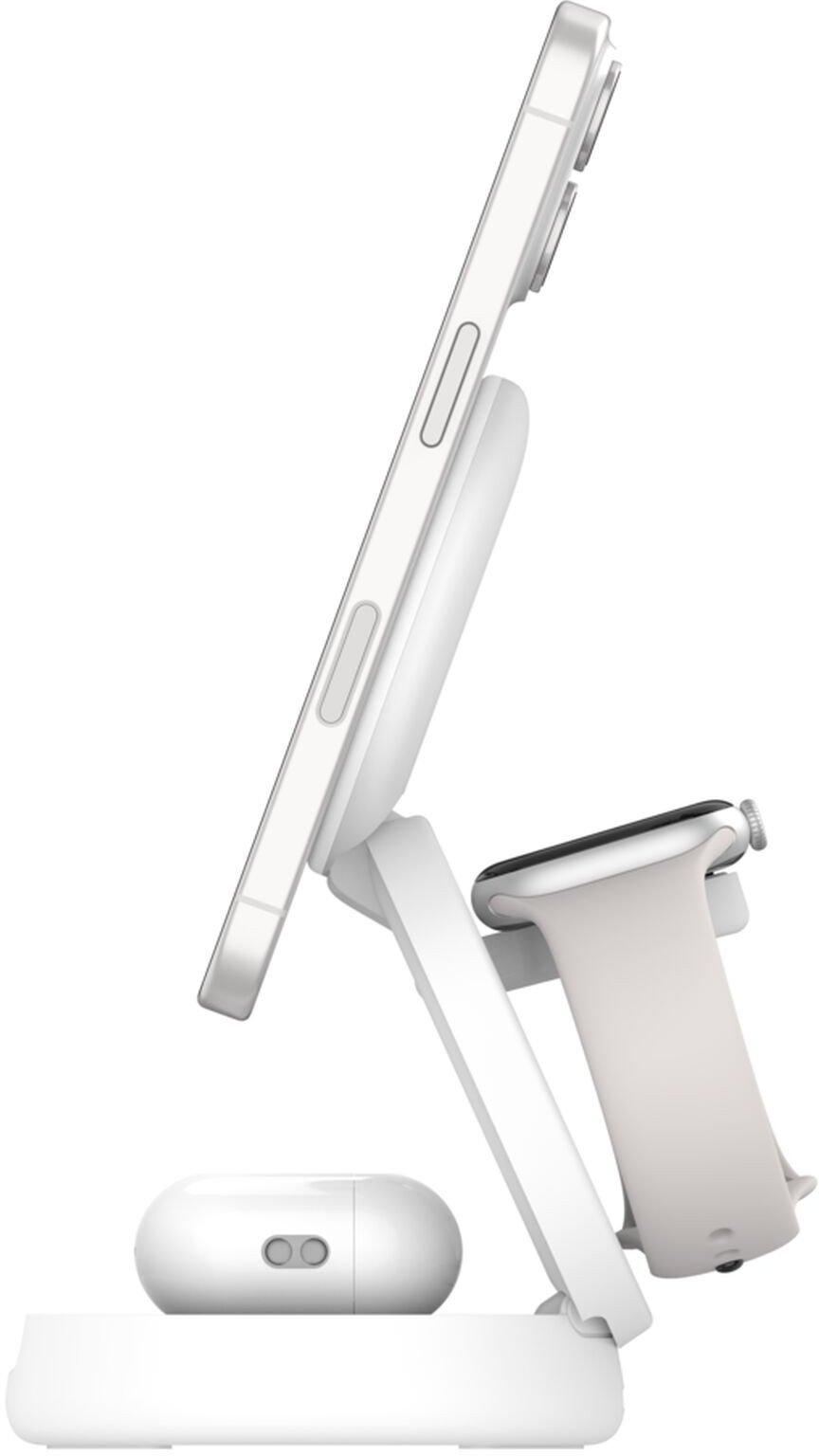 Stacion karikimi Belkin Foldable Magnetic 3 in 1, Qi2 dhe MagSafe, pa tela, i bardhë