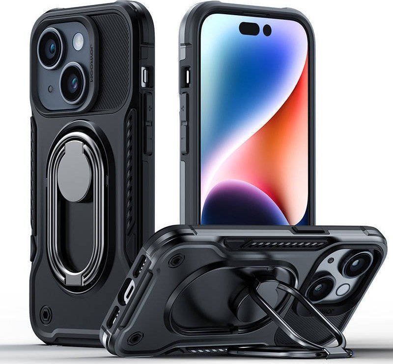 Këllëf telefoni Joyroom Dual Hinge për iPhone 14 Plus, unazë rrotulluese, mbrojtje e fortë, i zi