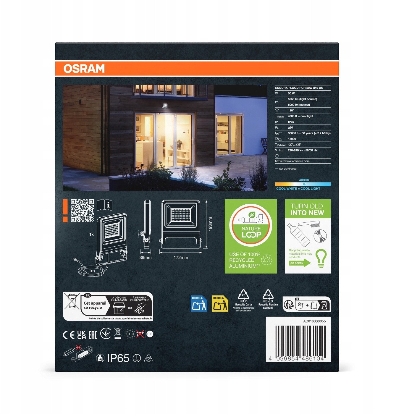 Prozhektor LED Osram ENDURA Flood Cool White PCR, i jashtëm, dritë e bardhë e ftohtë, gri