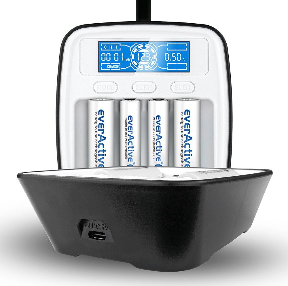 Полнач за батерии EverActive NC-1000M, 4 канали, LCD екран, сив