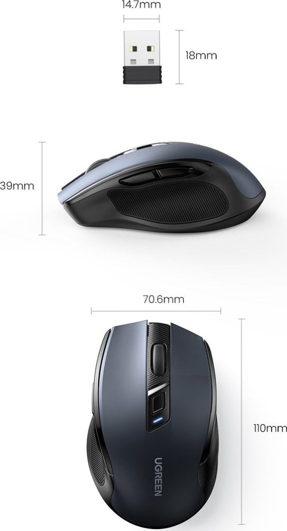 Maus pa tel UGREEN, Bluetooth dhe 2.4GHz, 4000DPI, 6 butona, i zi