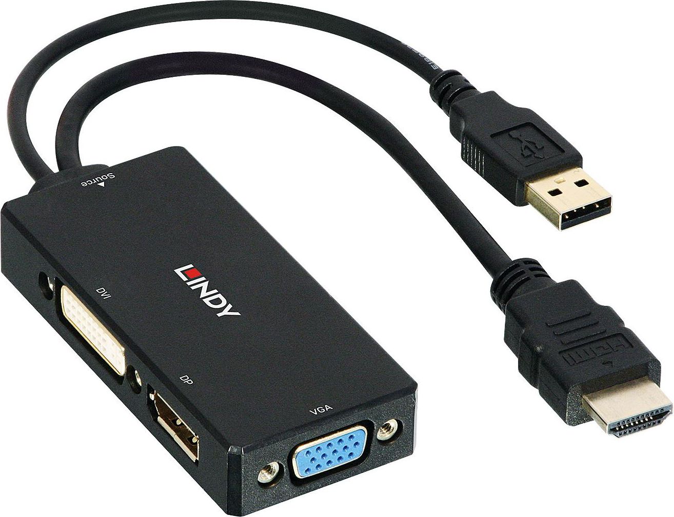 Konvertor video Lindy HDMI, në DisplayPort DVI dhe VGA, 4K, i zi