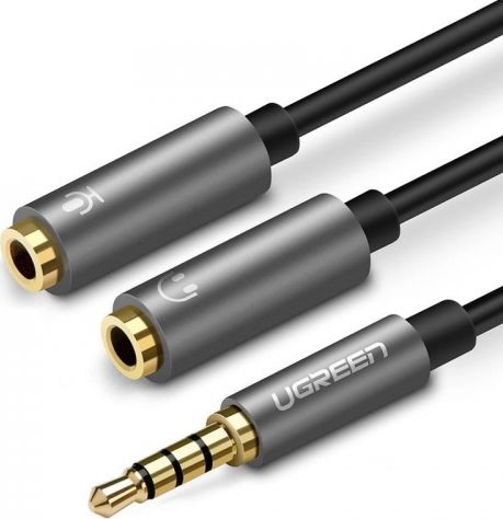Kabllo audio Ugreen 3.5mm në 2x 3.5mm, splitter kufje dhe mikrofon, 20cm, zi gri