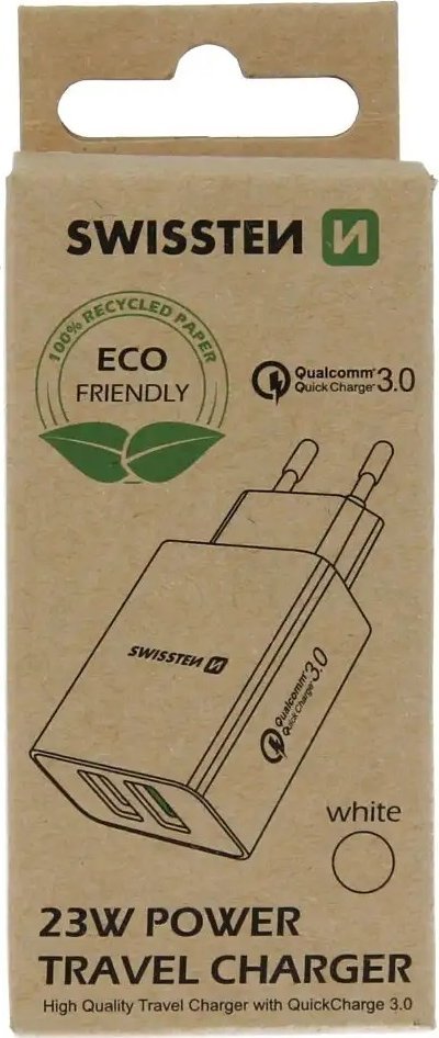 Патен полнач Swissten Travel, 2x USB QC 3.0, 23W, црн