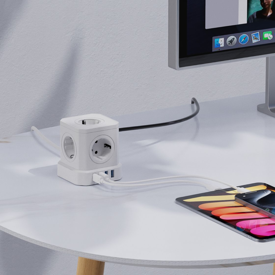 Shpërndarës energjie Newell GaN Power Cube 9in1, 5x AC, USB A dhe USB C, 1.5m, i bardhë