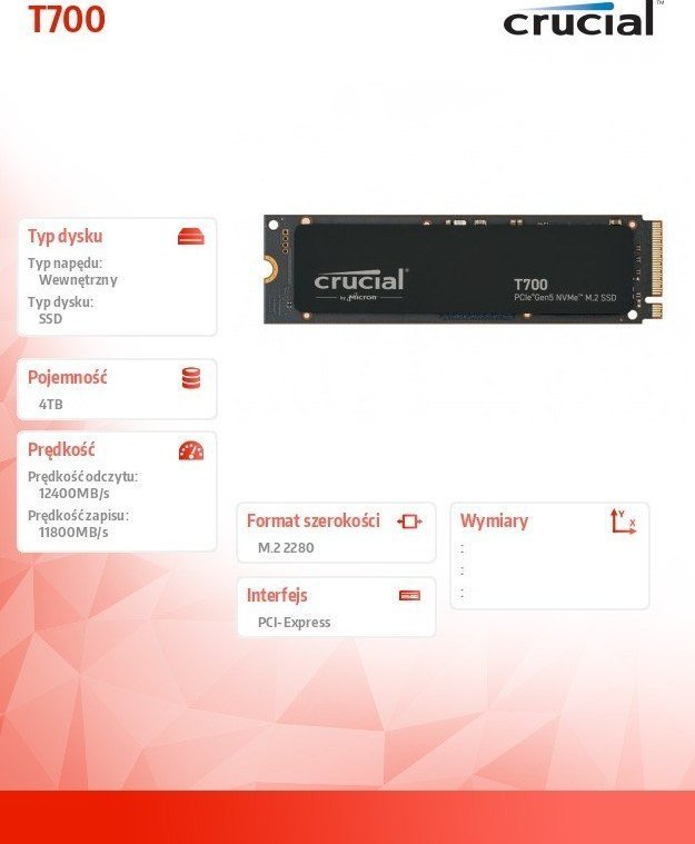 Disk SSD Crucial T700, 4TB, M.2 2280 PCI-E x4 Gen5 NVMe 2.0