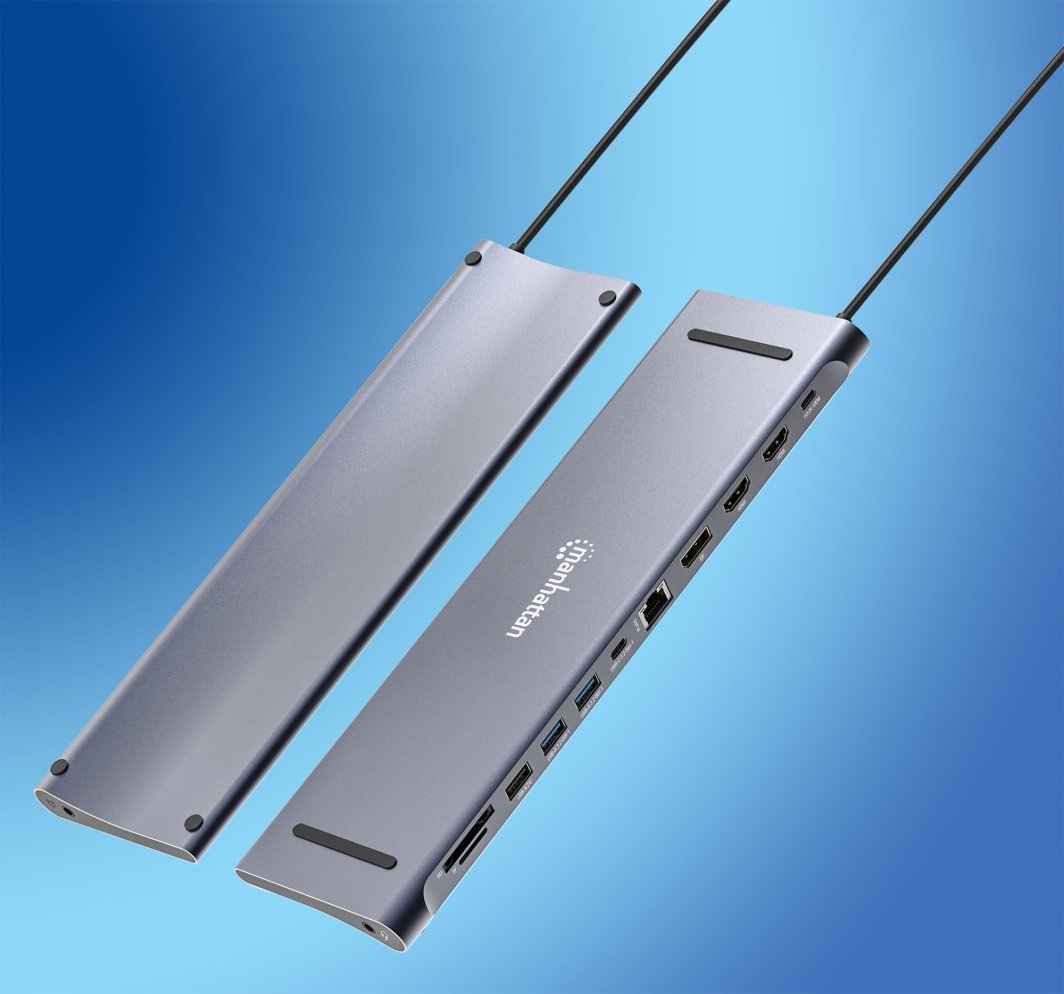 USB-C док Манхатон 12‑во‑1, 3x 4K, Power Delivery 100W, сив