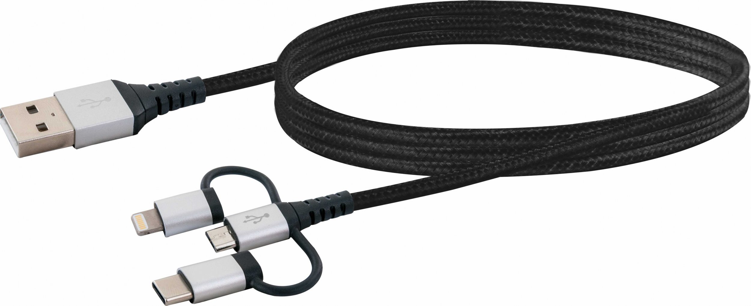 Kabllo USB Schwaiger LKU100533, USB A në USB C microUSB Lightning, 1.5m, i zi