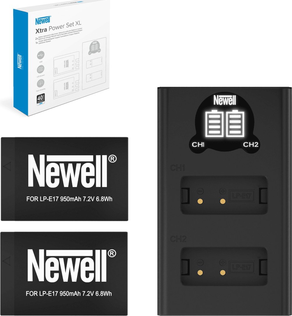 Set bateri dhe karikues Newell Xtra Power Set XL DL-USB-C, 2x LP-E17, për Canon