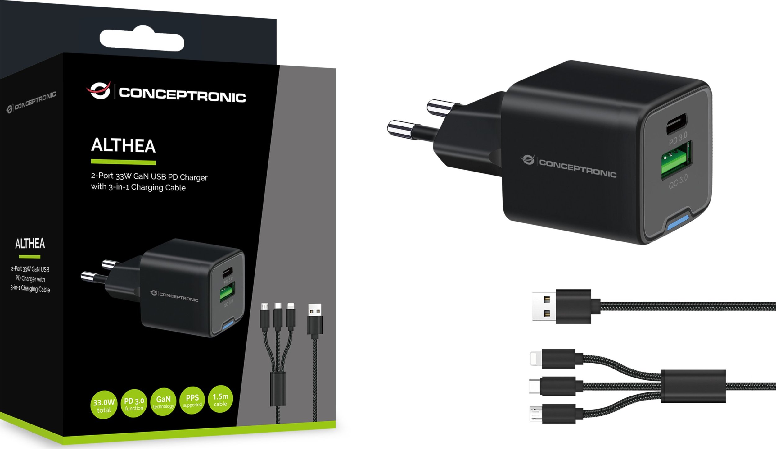 Ngarkues Conceptronic 2 Port GaN, 33W, USB PD QC 3.0 PPS, me kabllo 3 në 1, i bardhë