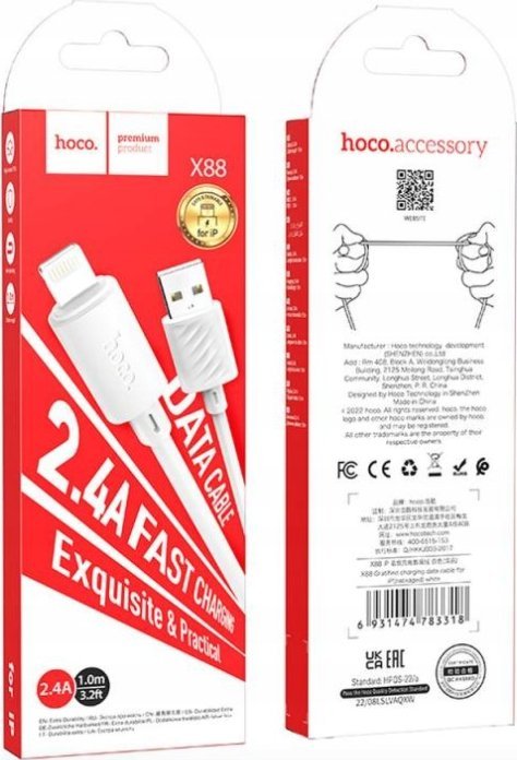 Kabllo USB Hoco X88, Lightning 8 pin, 1m, 2.4A, e bardhë