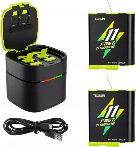 Karikues Telesin me dy bateri për GoPro Hero 11 10 9 Black, 1750mAh, USB C, i zi